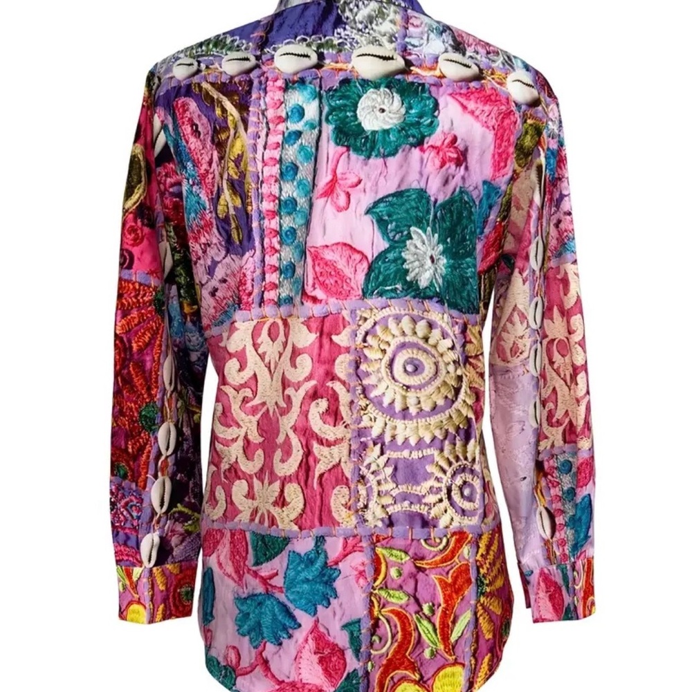 Boho Patchwork Button-Up Tunic Top in Pink & Purp… - image 3